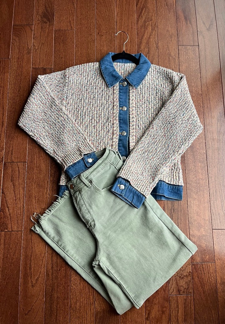 Knit Button-up Jacket With Denim Trim