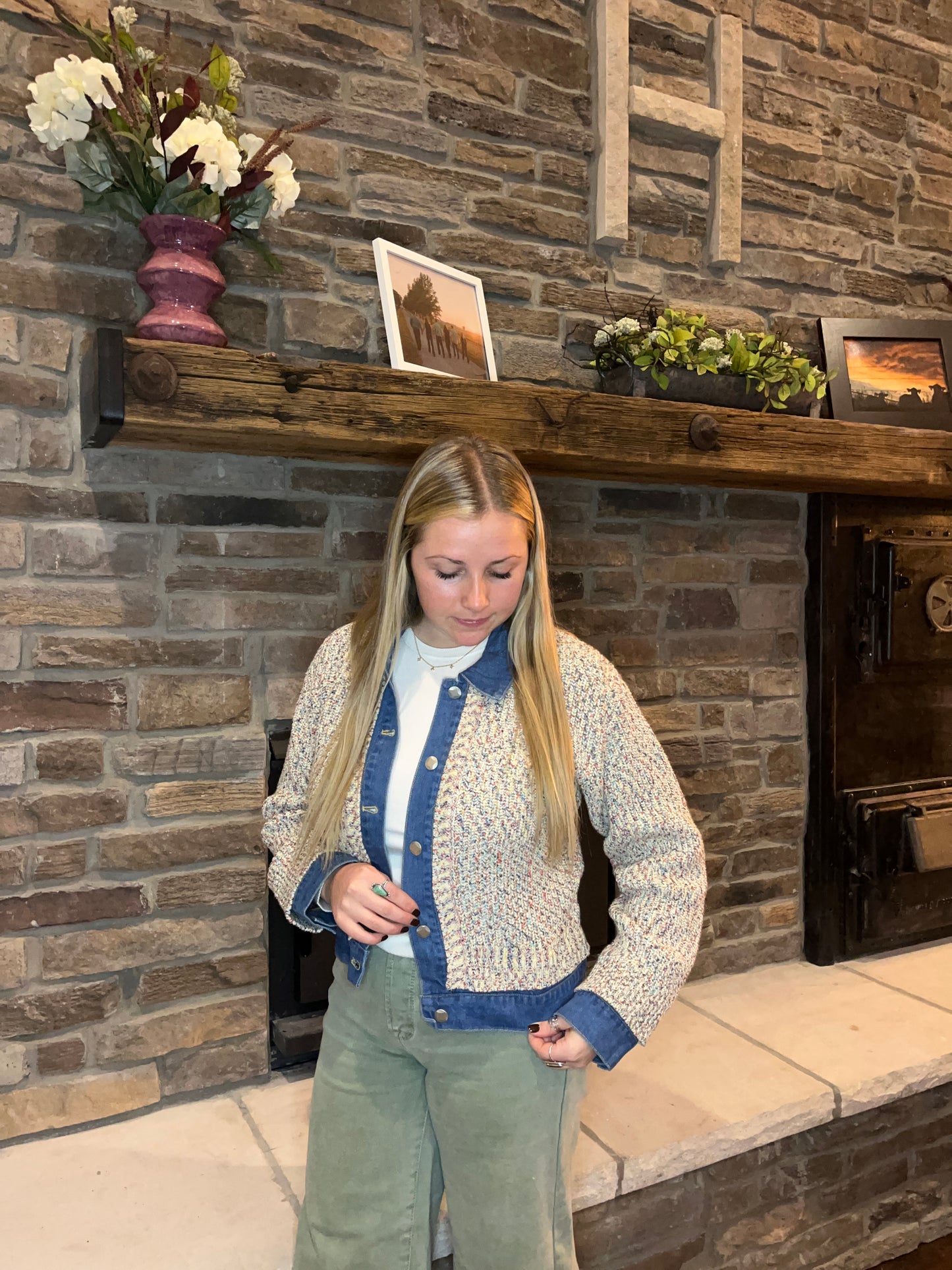 Knit Button-up Jacket With Denim Trim