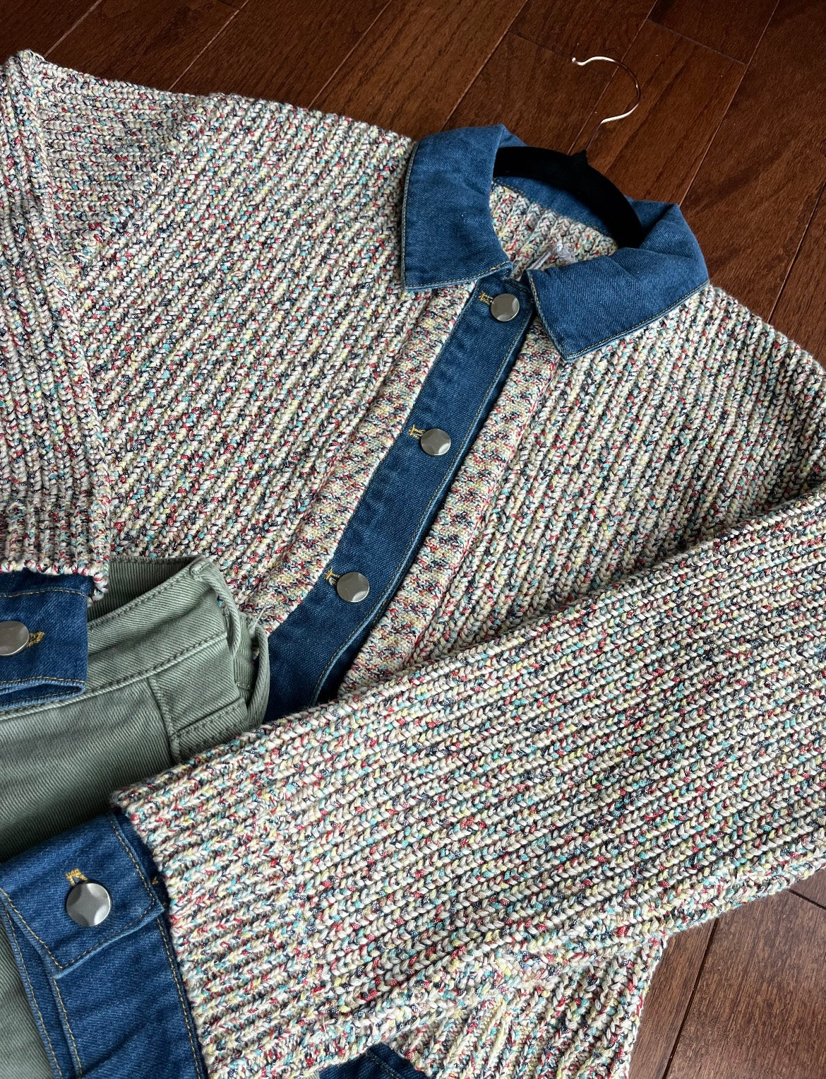 Knit Button-up Jacket With Denim Trim
